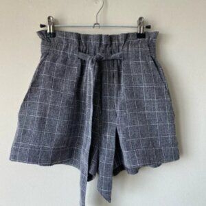 High Waist Gray Plaid Shorts with Fabric Belt
